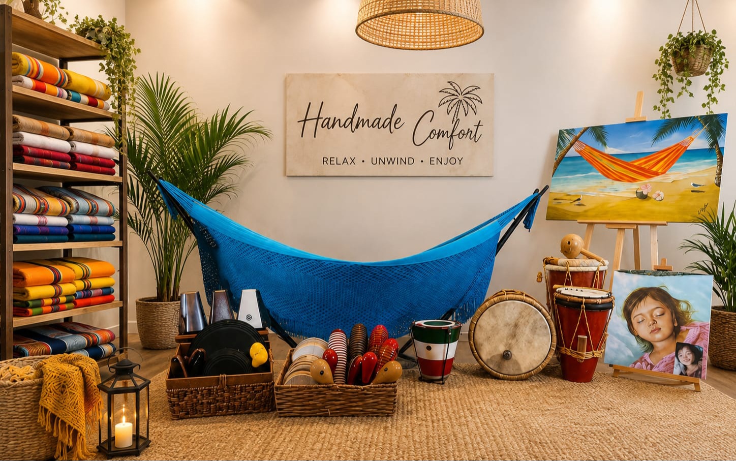 Blue handwoven hammock on a black stand in a styled room with a Handmade Comfort wall sign, woven lamp, plants, shelves of folded blankets and percussion instruments