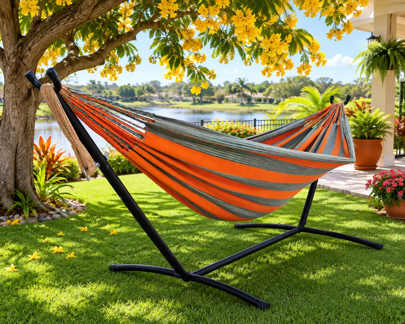 Colorful handwoven hammock displayed in a tropical garden