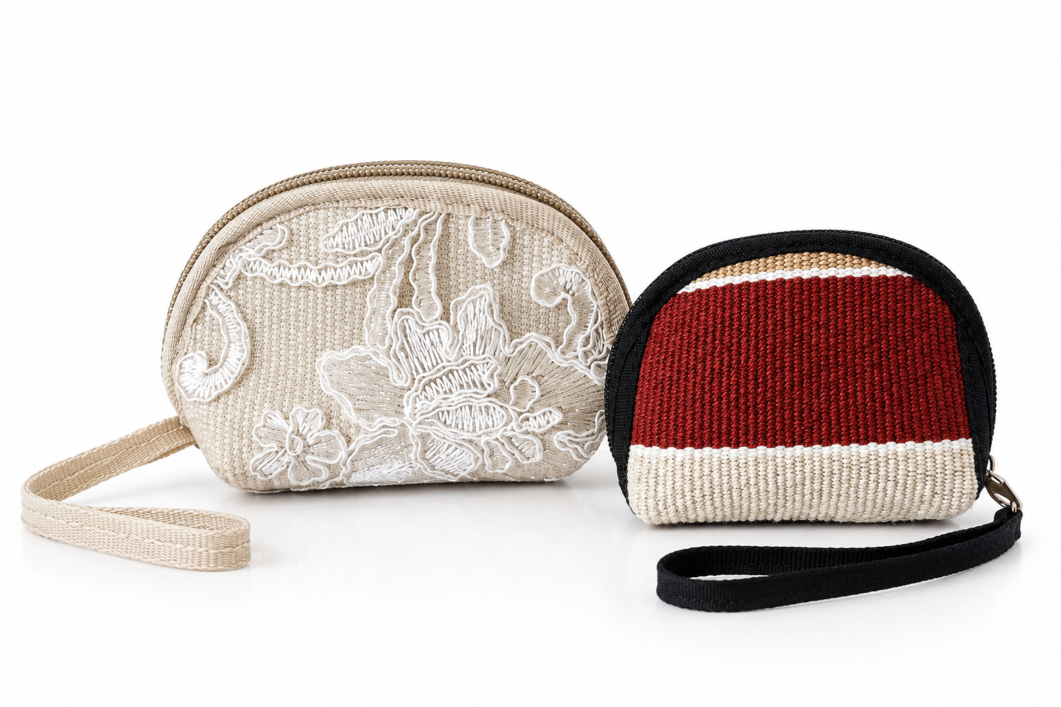 Two small handwoven coin purses — a beige embroidered wristlet and a red, cream and black striped wristlet