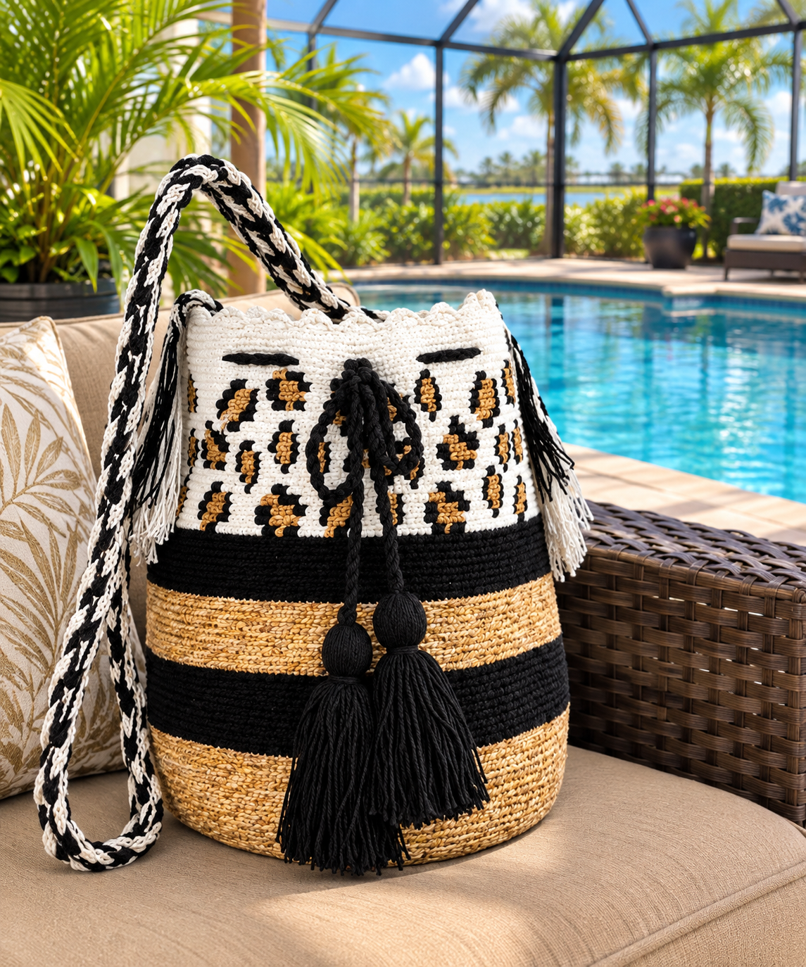 Handwoven bucket bag with black and tan stripes, leopard-print crochet top and black tassels, resting on a cushion by a pool