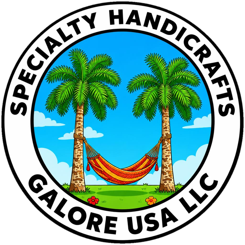 Specialty Handicrafts Galore USA LLC logo: a round badge with palm trees and a colorful striped hammock