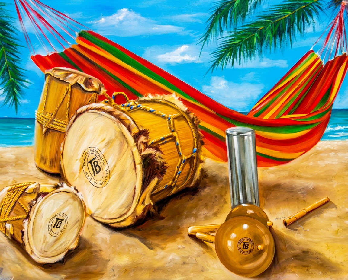 Specialty Handicrafts Galore USA logo featuring handcrafted drums and a colorful striped hammock